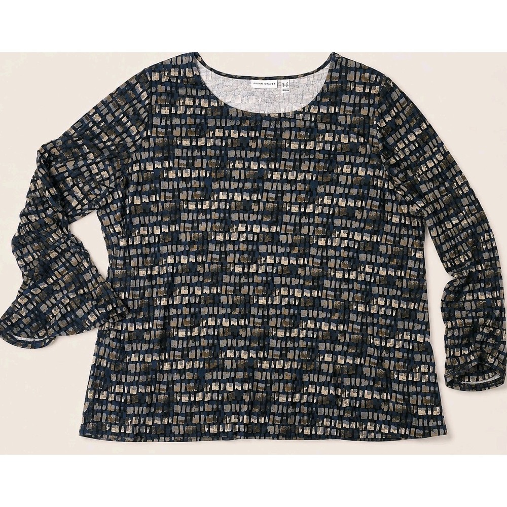 Susan Graver 3X Abstract Print Flowy Knit Top Plus Size Long Sleeve Blue Black